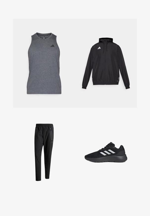 Chaqueta deportiva negra hecha de material ligero. Cuenta con una capucha, cierre de cremallera y puños elásticos. Logotipo blanco en la parte superior izquierda.; Top atlético gris hecho de una tela ligera, con un escote redondo y un logo de la marca negro en el área del pecho izquierdo.; Pantalones deportivos negros con una cintura elástica, dos bolsillos laterales con cremallera, piernas ajustadas y un discreto detalle de logo en la cadera.; Zapatilla deportiva negra con parte superior de malla, tres franjas blancas, suela acolchada y detalles texturizados en la suela exterior.
