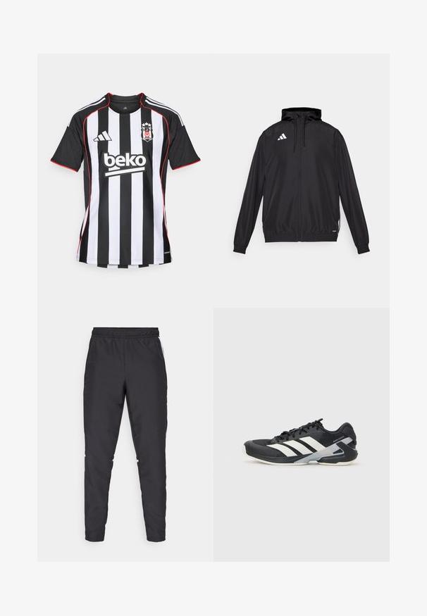 Czarna sportowa kurtka wykonana z lekkiego materiału. Posiada kaptur, zamek błyskawiczny oraz elastyczne mankiety. Białe logo na górnej lewej stronie.; adidas Performance BEŞIKTAŞ AWAY czarny; Czarne spodnie sportowe z elastycznym mankietem, zwężanymi nogawkami i białymi akcentami po bokach. Wykonane z materiału syntetycznego o gładkiej fakturze.; Czarne buty sportowe z białymi paskami, siateczkowa cholewka, zaokrąglony czubek i amortyzowana podeszwa. Posiadają teksturowany obcas i pewny system sznurowania.