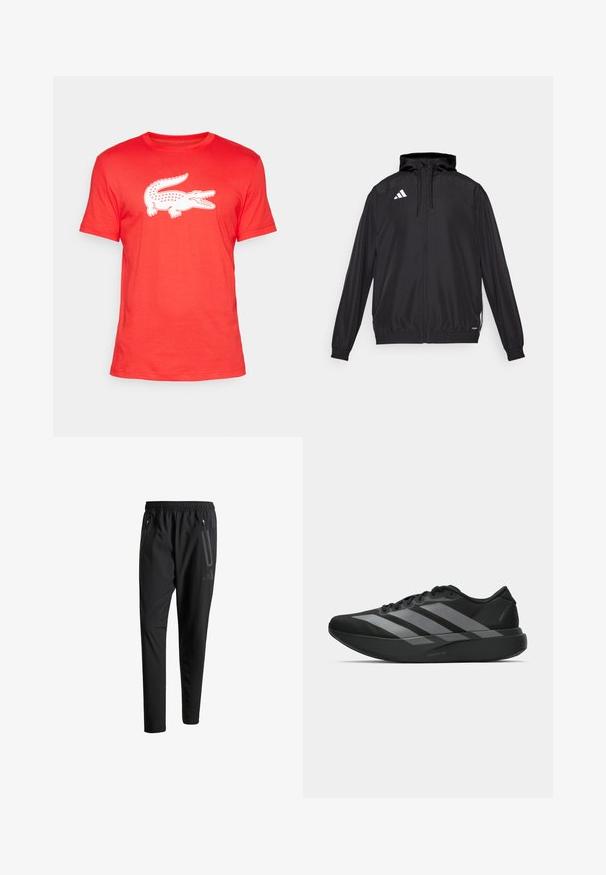 Must värvi sportlik jakk, mis on valmistatud kergest materjalist. Omab kapuutsit, lukuga sulgemist ja elastseid mansette. Valge logo ülemisel vasakul küljel.; Punane puuvillane T-särk, mille esiküljel on suur valge krokodilligraafika. Ümmargune kaelus ja lühikesed varrukad. Sile, kerge tekstuur.; Mustavad spordipüksid elastse vöökoha, kahe tõmblukuga küljetasku, kitsenevate säärete ning õrna logodetailiga puusadel.; Must have mustangid! Need light and trendy athletic shoes? These black sneakers have a streamlined design featuring three large hallal gray stripes. Their smooth texture and ergonomically contoured sole provide ultimate comfort.