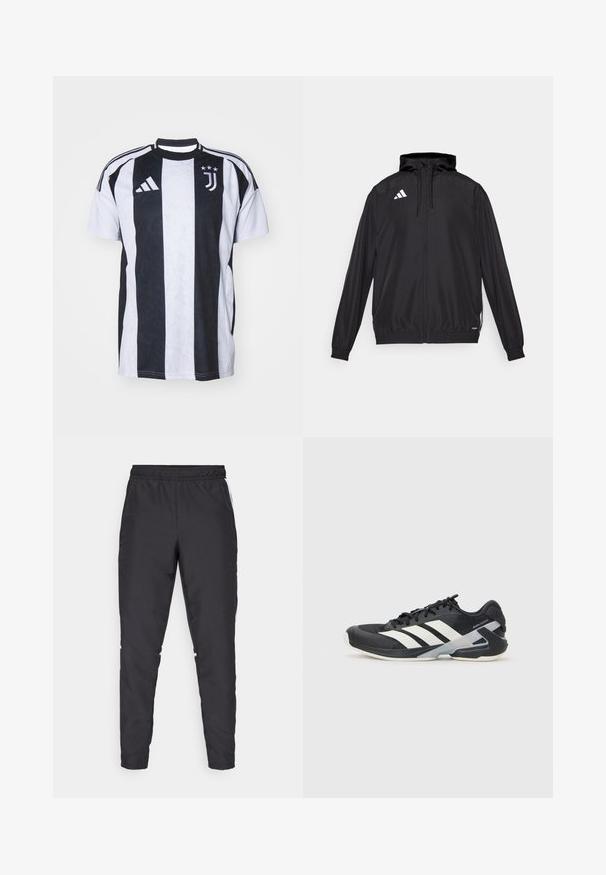 Crna sportska jakna izrađena od laganog materijala. Ima kapuljaču, zatvaranje na rajsferšlus i elastične manšete. Bijeli logo na gornjoj lijevoj strani.; Pamučni sportski majica na crno-bijele pruge s kratkim rukavima, okruglim izrezom i tri pruge na svakom ramenu. Sadrži timski logotip i tri zvjezdice.; Crne atletske hlače s elastičnim strukom, sužavajućim nogavicama i bijelim bočnim naglascima. Izrađene od sintetičkog materijala s glatkom teksturom.; Crne atletske cipele s bijelim prugama, mrežasta gornja strana, zaobljeni prst i podstavljeni đon. Imaju teksturiranu petu i siguran sustav vezivanja.