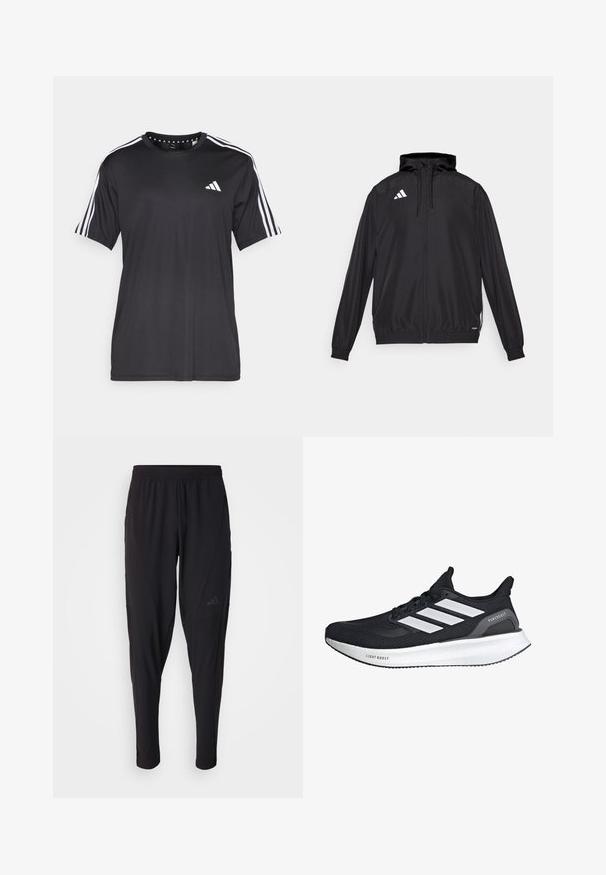 Czarna sportowa kurtka wykonana z lekkiego materiału. Posiada kaptur, zamek błyskawiczny oraz elastyczne mankiety. Białe logo na górnej lewej stronie.; Czarny t-shirt z krótkim rękawem z białym wzorem trzech pasków na ramionach i logo na klatce piersiowej. Wykonany z oddychającego materiału, o gładkiej fakturze.; Czarne spodnie sportowe z elastycznym pasem, zwężanym krojem, bocznymi kieszeniami i subtelnym logo. Wykonane z elastycznego, przewiewnego materiału.; Czarny but biegowy z białym wzorem w trzy paski. Oddychająca siateczka z górnej części, amortyzowana biała podeszwa z napisem "LIGHT BOOST" oraz minimalistyczne akcenty.