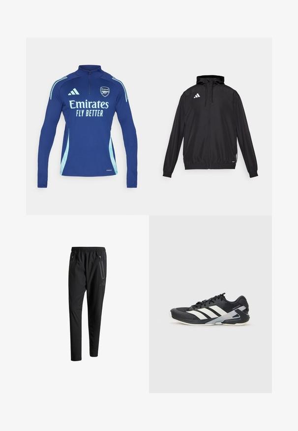 Crna sportska jakna izrađena od laganog materijala. Ima kapuljaču, zatvaranje na rajsferšlus i elastične manšete. Bijeli logo na gornjoj lijevoj strani.; adidas Performance ARSENAL FC 24/25 TIRO24 - Klupska odjeća - night sky; Crne atletske hlače s elastičnim pojasom, dva bočna džepa sa zatvaračem, suženi nogavici i diskretnim logotipom na kuku.; Crne atletske cipele s bijelim prugama, mrežasta gornja strana, zaobljeni prst i podstavljeni đon. Imaju teksturiranu petu i siguran sustav vezivanja.