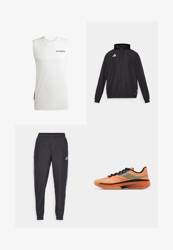 Zwarte sportjack gemaakt van lichtgewicht materiaal. Voorzien van een capuchon, ritssluiting en elastische manchet. Witte logo op de bovenste linkerkant.; Mouwloos wit sportshirt van vochtafvoerend materiaal, met een ronde halslijn en zwarte accenten aan de zijkanten met het Terrex-logo.; Zwarte sportieve broek met een elastische tailleband, voorzien van witte strepen aan de zijkanten en een klein logo op de heup. Gladde textuur.; adidas Performance ADIZERO SELECT 3.0 - Basketbalschoenen - core black