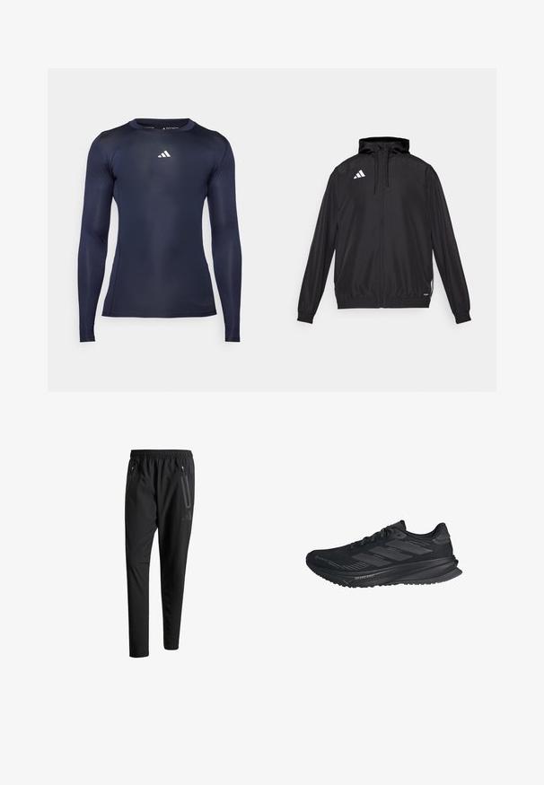 Zwarte sportjack gemaakt van lichtgewicht materiaal. Voorzien van een capuchon, ritssluiting en elastische manchet. Witte logo op de bovenste linkerkant.; Marineblauwe lange mouw sportshirt van gladde, rekbare stof. Heeft een ronde halslijn en een klein wit logo op de borst.; Zwarte sportbroeken met een elastische tailleband, twee ritszakken aan de zijkant, taps toelopende pijpen en een subtiele logo-detail op de heup.; Zwarte Adidas hardloopschoen met Gore-Tex bovenwerk, drie strepen aan de zijkant en "Dreamstrike" op de zool, gezien vanaf de buitenzijde.