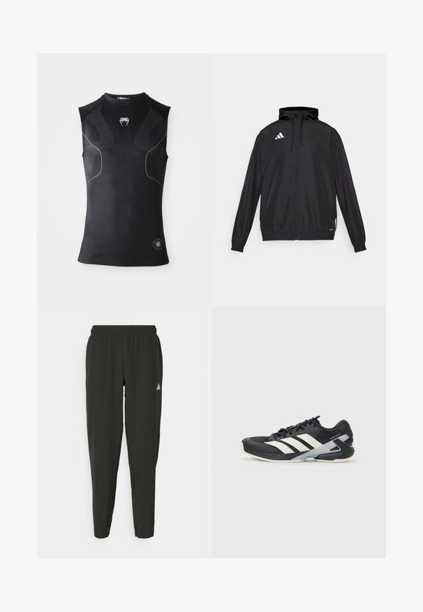Črna športna jakna iz lahkega materiala. Ima kapuco, zadrgo in elastične manšete. Bele logotip na zgornji levi strani.; Črna atletska kompresijska majica brez rokavov z diskretnimi vzorčenimi paneli, majhnim belim logotipom kače na prsih in okroglo oznako blizu roba.; Črne športne hlače z elastičnim pasom, ožji kroj in belim logotipom na levi nogi. Gladek, lahek material.; Črne atletske čevlje z belimi črtami, mrežastim zgornjim delom, zaobljenim nosom in blaženim podplatom. Imajo teksturiran petni del in varen sistem vezalk.