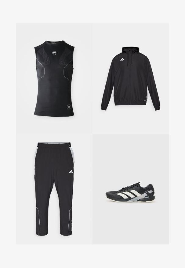 Chaqueta deportiva negra hecha de material ligero. Cuenta con una capucha, cierre de cremallera y puños elásticos. Logotipo blanco en la parte superior izquierda.; Camiseta de compresión atlética negra sin mangas con paneles con un patrón sutil, pequeño logo de serpiente blanca en el pecho y un emblema circular cerca del dobladillo.; Pantalones deportivos negros con cintura elástica, acentos laterales grises, detalles reflectantes blancos y texto "Climacool" a lo largo de la parte inferior de la pierna.; Zapatilla deportiva negra con franjas blancas, parte superior de malla, punta redondeada y suela acolchada. Presenta un talón texturizado y un sistema de cordones seguro.