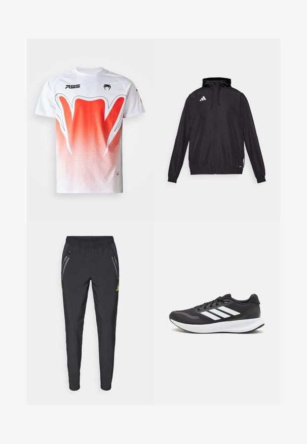 Casaco desportivo preto feito de material leve. Apresenta um capuz, fecho de correr e punhos elásticos. Logótipo branco no lado superior esquerdo.; T-shirt atlético branco com um design em gradiente que vai do branco ao vermelho, com um padrão geométrico e um logótipo preto no peito.; adidas Performance REAL MADRID TIRO25 PRO VIS TECH TRAVEL PANT - Roupa de discoteca - black/lucid lemon; Shoe de atletismo preto com parte superior em malha respirável, detalhes brancos e sola almofadada. Apresenta o logotipo das três riscas na lateral.