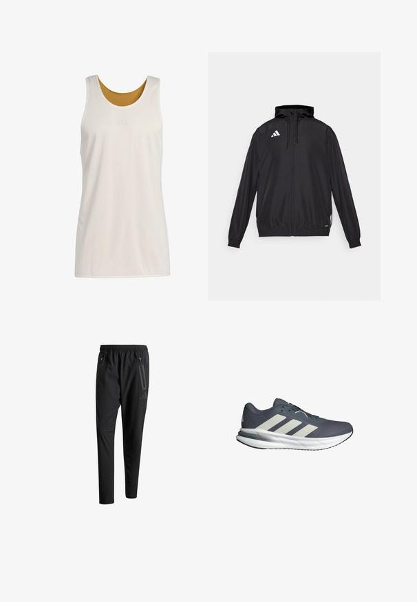 Čierna atletická bunda vyrobená z ľahkého materiálu. Má kapucňu, zips a elastické manžety. Biele logo na hornej ľavej strane.; adidas Performance SELECT REVERSIBLE WARMUP - Top - off white; Čierne športové nohavice s elastickým pásom, dvoma bočnými zipsovými vreckami, zužujúcimi sa nohavicami a nenápadným detailom loga na bokoch.; Športové topánky s priedušným námorníckym sieťovaným zvrškom, tromi bielymi diagonálnymi pruhmi, polstrovanou bielou podrážkou a štruktúrovanou šedou vonkajšou podrážkou.