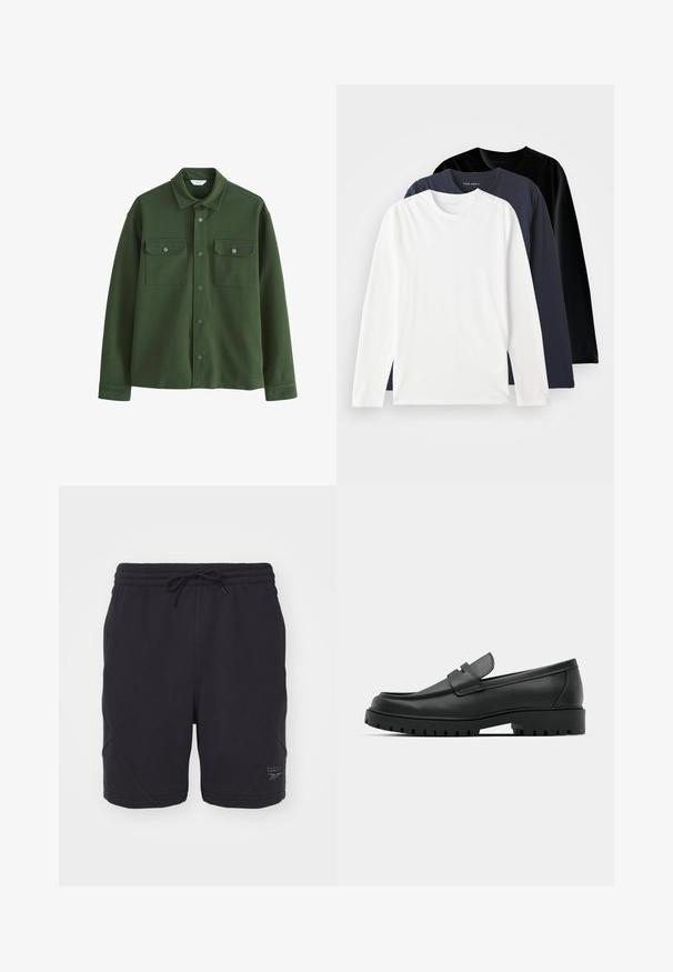 Žalias fliso striukės švarkas su apykakle, spaudėmis mygtukais, dviem krūtinės kišenėmis ir ilgomis rankovėmis. Lygus paviršius, kasdieniškas dizainas.; Trys ilgomis rankovėmis marškiniai, sukrauti vienas ant kito: vienas baltas, vienas tamsiai mėlynas ir vienas juodas. Pagaminti iš lygaus medvilnės, turi apvalius kaklus ir šoninius plyšius.; Juodos sportinės šortai su raišteliu elastinga juosmens juosta, turintys plokščias siūles ir subtilų iškilų logotipą apatinėje pusėje.; Juodi odiniai loaferiai su apvalia nosimi, su siuvinėtu dizainu, žemu platformos padu ir tekstūruotu, sukibimo raštu padu.