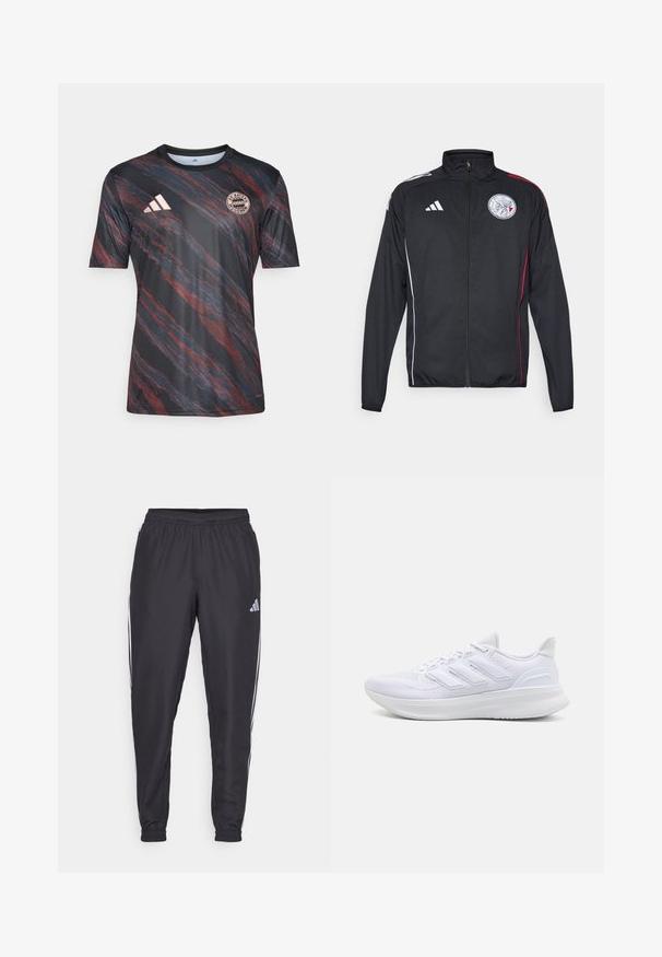 Sort atletisk jakke lavet af letvægtsmateriale, med hvide og røde accenter, høj krave, fuld lynlås og et rundt logo på brystet.; Sort og rød stribet T-shirt med korte ærmer og rund halsudskæring, med Adidas-logoet og Bayern Münchens emblem på brystet.; Svarte sportbukser med elastisk talje, med hvide striber langs siderne og et lille logo ved hoften. Glat tekstur.; Hvide sportssko med en tekstureret mesh-overdel, en støttende polstret sål og et tre-stripes design på siden.