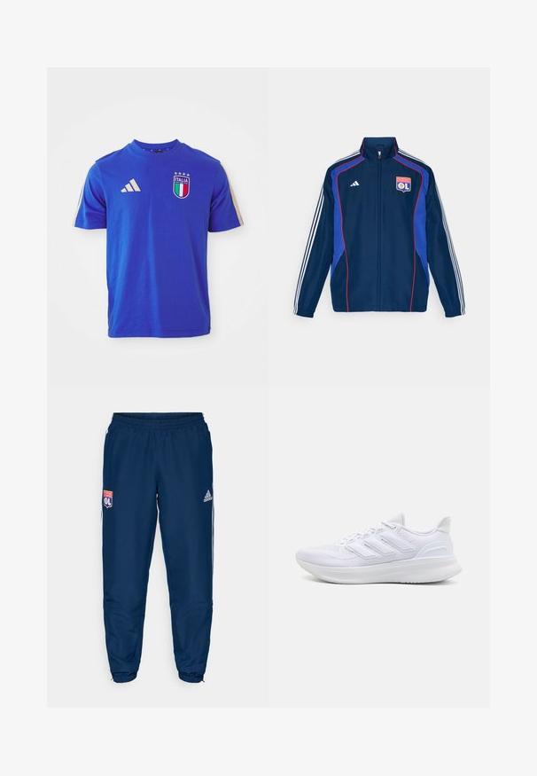 Námořnická modrá bunda s teplákovou soupravou s červenými a modrými akcenty, která má na rukávech tři bílé pruhy a vyšitý klubový logo na hrudi.; Modrá bavlněná tričko s krátkým rukávem, s kulatým výstřihem, třemi bílými pruhy Adidas na ramenou a logem Italia s akcenty.; Modré sportovní kalhoty s elastickým pasem, které mají bílé boční pruhy a logo Olympique Lyonnais na levém stehně.; Bílé sportovní boty s texturovaným síťovaným svrškem, podpůrnou polstrovanou podrážkou a třemi pruhy na boku.