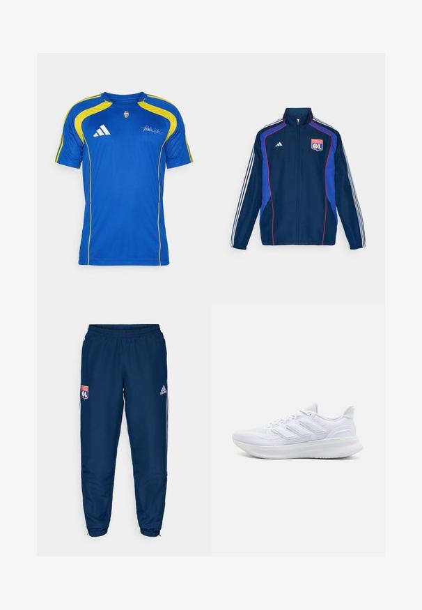 Tumesinise värvi treeningjakki punaste ja siniste aktsentidega, millel on rinnal tikitud klubi logo ja varrukatel kolm valget triipu.; adidas Performance JUVENTUS TURIN URBAN PURIST JERSEY - Klubiriided - team royal blue; Sinised spordinapid elastse vöökohtaga, millel on valged külgtriibud ja Olympique Lyonnais'i logo vasakul reiel.; Valged spordijalatsid, millel on tekstuuriga võrgusilma ülemine osa, toetav pehme põhi ja külgedel kolme triibu disain.