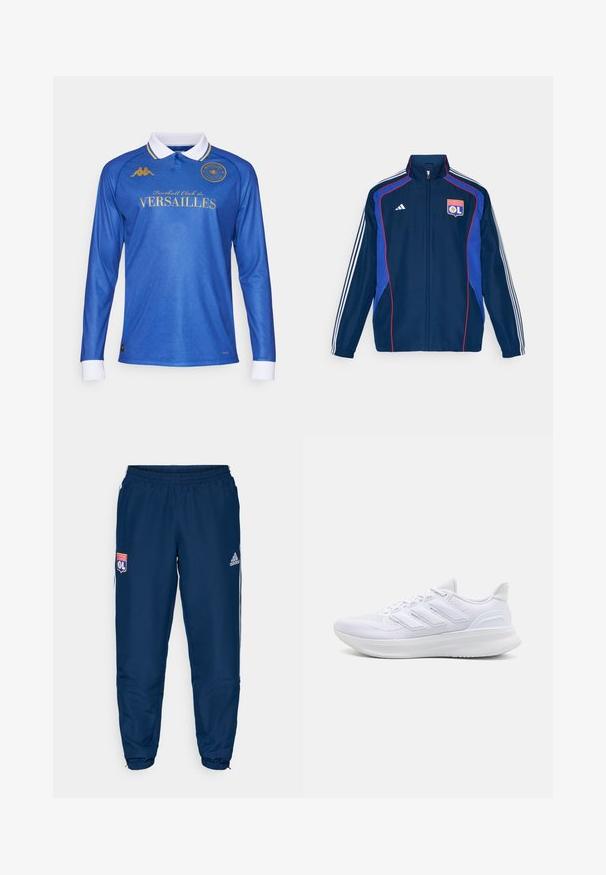 Giacca da tuta blu navy con accenti rossi e blu, caratterizzata da tre strisce bianche sulle maniche e un logo del club ricamato sul petto.; Maglia da calcio a maniche lunghe blu con colletto bianco, caratterizzata da loghi e testo dorati, un motivo diagonale testurizzato e polsini bianchi a contrasto.; Pantaloni sportivi blu con cintura elastica, dotati di strisce laterali bianche e del logo dell'Olympique Lyonnais sulla coscia sinistra.; Scarpe sportive bianche con tomaia in mesh texturato, suola ammortizzata e supportiva, e design a tre strisce sul lato.