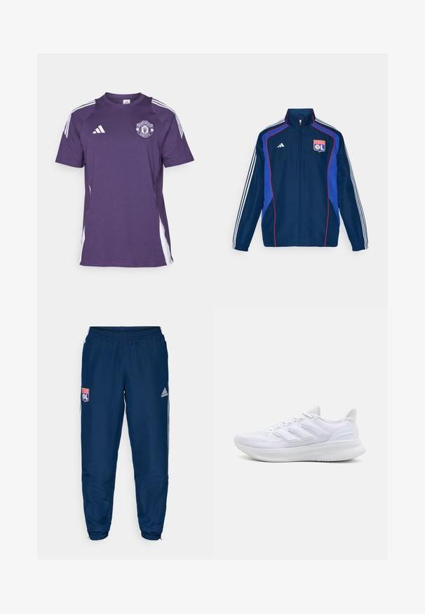 Veste de survêtement bleu marine avec des accents rouges et bleus, comportant trois rayures blanches sur les manches et un logo de club brodé sur la poitrine.; Maillot de sport violet avec des accents blancs, doté de manches courtes, d'un col rond et du logo de Manchester United sur la poitrine. Fabriqué en tissu léger.; Pantalons de sport bleus avec une taille élastique, présentant des rayures blanches sur les côtés et le logo de l'Olympique Lyonnais sur la cuisse gauche.; Chaussures de sport blanches avec un dessus en mesh texturé, une semelle rembourrée et un design à trois bandes sur le côté.