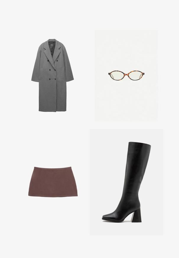 Cappotto doppiopetto grigio in misto lana con colletto a punte, tasche laterali e foderatura interna liscia. Presenta bottoni neri.; Cardigan a maniche lunghe di colore azzurro chiaro realizzato in un morbido tessuto a maglia, con scollatura rotonda e patta frontale con bottoni abbinati.; Top color giallo chiaro, senza maniche, realizzato in tessuto a costine. Presenta un collo rotondo e una forma dritta, senza motivi o decorazioni visibili.; Mini gonna in cotone marrone con taglio dritto, texture liscia e vita elastica. Presenta un design semplice senza motivi oaccessori.; Stivale nero fino al ginocchio realizzato in pelle liscia, caratterizzato da una punta quadrata e un tacco spesso e testurizzato. Design semplice e lineare.; Occhiali in tartaruga con lenti ovali e una finitura liscia e elegante. Presentano aste sottili con una leggera curva alle tempie. Lenti trasparenti.; Pieces PCALUANA SHOULDER BAG - Borsa a mano - black