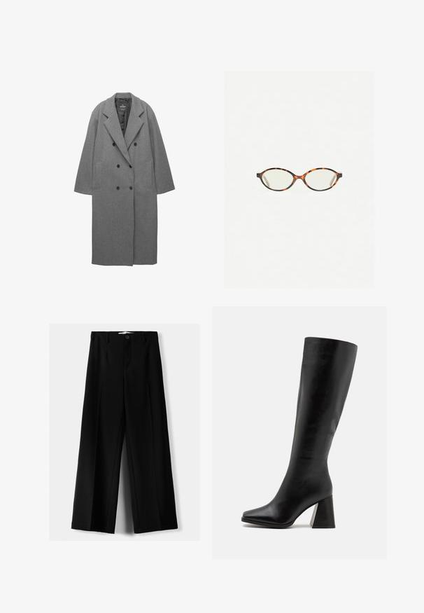 Harmaa villasekoite kaksirivinen takki, jossa on lovelliset kaulukset, sivutaskut ja sileä vuori. Varustettu mustilla napeilla.; Vaaleansininen pitkähihainen neulecardigan, joka on valmistettu pehmeästä neuloksesta ja jossa on pyöreä pääntie sekä napitettu etumus, jossa on samanväriset napit.; Kaksi hihattomaa ribbikuvioista poolopaitaa ruskeana ja mustana, esillä yksinkertaisella valkoisella taustalla.; Mustat leveälahkeiset housut, jotka on valmistettu kevyestä kankaasta. Housuissa on etunappikiinnitys ja tasainen etuosa, sekä huolellisesti ommellut helmat.; Musta polvipituinen saapas, joka on valmistettu sileästä nahasta, ja siinä on neliönmuotoinen kärki sekä tukeva, teksturoitu korko. Yksinkertainen ja virtaviivainen muotoilu.; Kilpikonnakuosiset silmälasit, joissa on soikeat linssit ja tyylikäs, sileä pinta. Ominaisuudet: ohuet sivut, joissa on hienovarainen kaari temppeleissä. Kirkkaat linssit.; Pieces PCALUANA SHOULDER BAG - Käsilaukku - black