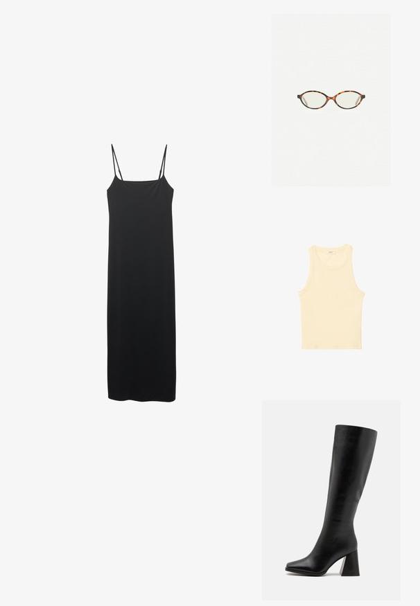 Grey wool blend double-breasted coat with a notched collar, side pockets, and a smooth interior lining. Features black buttons.; Light blue long-sleeve cardigan made from a soft knit fabric, featuring a round neckline and a buttoned front placket with matching buttons.; Light yellow, sleeveless tank top made of ribbed fabric. Features a round neckline and straight cut, with no visible patterns or embellishments.; Black sleeveless dress made of smooth fabric, featuring thin straps and a straight silhouette that falls to mid-calf length.; Black knee-high boot made of smooth leather, featuring a square toe and a chunky, textured heel. Simple and streamlined design.; Tortoiseshell eyeglasses with oval lenses and a sleek, smooth finish. Features thin sides with a subtle curve at the temples. Clear lenses.; Black leather handbag with a soft, rounded shape. Features a zip closure and adjustable satin strap. Smooth texture with gathered detailing.