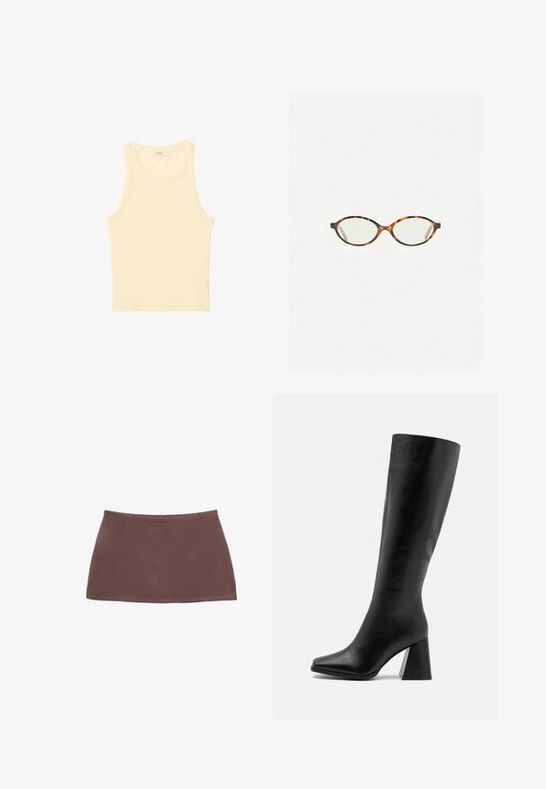 Cappotto doppiopetto grigio in misto lana con colletto a punte, tasche laterali e foderatura interna liscia. Presenta bottoni neri.; Cardigan a maniche lunghe di colore azzurro chiaro realizzato in un morbido tessuto a maglia, con scollatura rotonda e patta frontale con bottoni abbinati.; Top color giallo chiaro, senza maniche, realizzato in tessuto a costine. Presenta un collo rotondo e una forma dritta, senza motivi o decorazioni visibili.; Mini gonna in cotone marrone con taglio dritto, texture liscia e vita elastica. Presenta un design semplice senza motivi oaccessori.; Stivale nero fino al ginocchio realizzato in pelle liscia, caratterizzato da una punta quadrata e un tacco spesso e testurizzato. Design semplice e lineare.; Occhiali in tartaruga con lenti ovali e una finitura liscia e elegante. Presentano aste sottili con una leggera curva alle tempie. Lenti trasparenti.; Pieces PCALUANA SHOULDER BAG - Borsa a mano - black