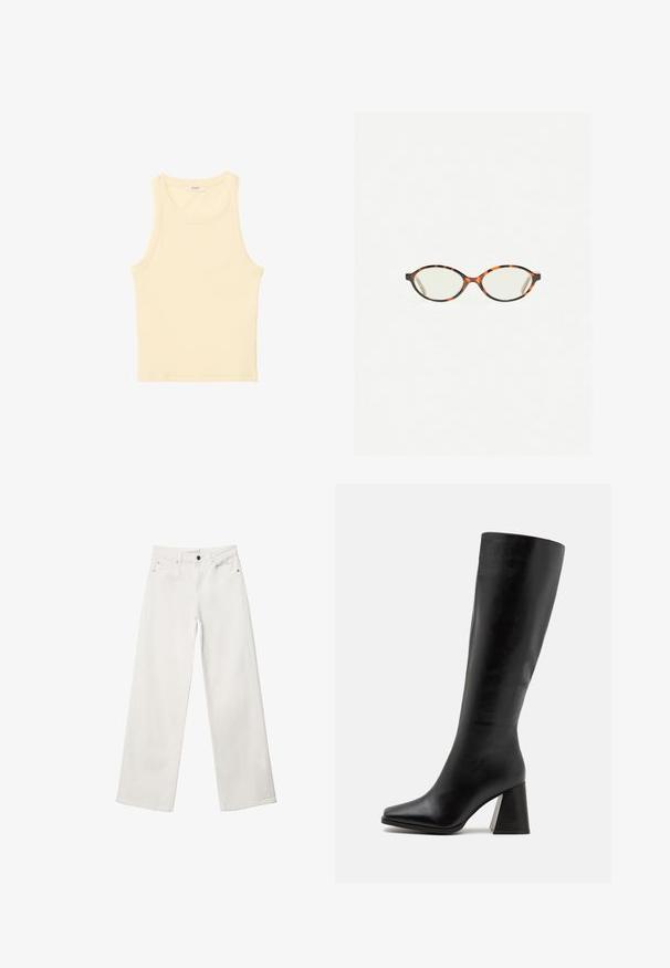 Szary wełniany płaszcz dwurzędowy z wykładanym kołnierzem, kieszeniami bocznymi i gładką podszewką. Wyposażony w czarne guziki.; Jasnoniebieski sweter z długim rękawem wykonany z miękkiej dzianiny, z okrągłym dekoltem i zapinany na guziki z dopasowanymi guzikami.; Jasnożółty, bezrękawnikowy top wykonany z prążkowanej tkaniny. Ma okrągły dekolt i prosty krój, bez widocznych wzorów czy zdobień.; Białe dżinsy o szerokiej nogawce, wykonane z denimu, z wysokim stanem, pięcioma kieszeniami i metalowym zapięciem. Gładka tekstura, bez wzorów.; Czarne botki sięgające do kolan, wykonane z gładkiej skóry, z kwadratowym noskiem i masywnym, teksturowanym obcasem. Prosty i elegancki design.; Okulary w kolorze tortoiseshell z owalnymi soczewkami i gładkim, eleganckim wykończeniem. Posiadają cienkie boki z delikatnym łukiem w okolicy skroni. Przezroczyste soczewki.; Pieces PCALUANA czarny