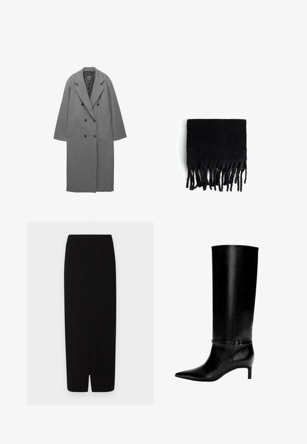 Grå uldblandet dobbeltradet frakke med spids krave, sidelommer og en glat indvendig foring. Har sorte knapper.; Sort ærmeløs top lavet af blød stof, med en asymmetrisk halsudskæring og draperet detaljer på den ene side. Glat tekstur, skræddersyet pasform.; Sort blyantskørt lavet af glat stof, med høj talje, to frontfoldninger og en slids i kanten for bedre bevægelsesfrihed.; Sort læderknæhøj støvle med spids tå og en lille hæl. Har en smal rem med en metallisk spænde omkring anklen. Glat overflade.; Sort frynset sjal lavet af blødt, uldlignende materiale. Har lange, ujævne frynser langs den nederste kant. Firkantet form.; Sort faux læder tote taske med to lange håndtag, struktureret form, glat tekstur og minimalistisk design. Ingen synlige hardware eller accenter.