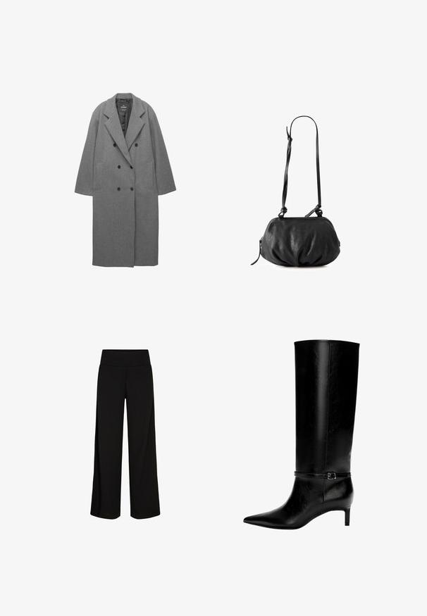 Cappotto doppiopetto grigio in misto lana con colletto a punte, tasche laterali e foderatura interna liscia. Presenta bottoni neri.; Crop top nero a maniche lunghe realizzato in tessuto leggero, con scollo rotondo e silhouette aderente, caratterizzato da cuciture pulite e senza decorazioni.; Pantaloni neri a gamba larga con una cintura morbida ed elastica. Tessuto liscio, design a lunghezza piena, senza chiusure visibili o motivi.; Stivale in pelle nera alto fino al ginocchio con punta appuntita e tacco basso. Presenta una cinghia sottile con una fibbia metallica attorno alla caviglia. Texture liscia.; Borsa a mano in pelle nera con una forma morbida e arrotondata. Presenta una chiusura con zip e una tracolla in satin regolabile. Texture liscia con dettagli arricciati.; Stradivarius Accessori capelli - pink