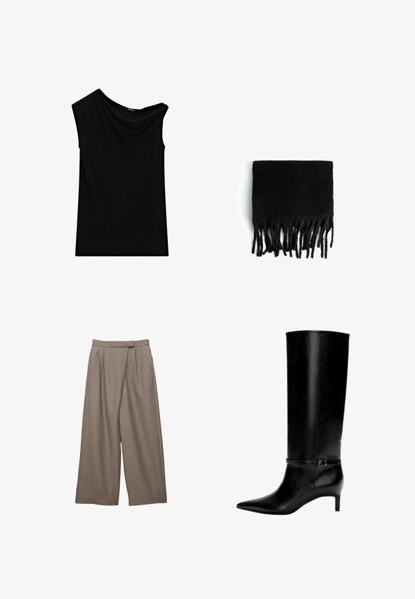Cappotto doppiopetto grigio in misto lana con colletto a punte, tasche laterali e foderatura interna liscia. Presenta bottoni neri.; Top senza maniche nero realizzato in tessuto morbido, con scollatura asimmetrica e dettagli drappeggiati da un lato. Texture liscia, vestibilità sartoriale.; Pantaloni ampi in un tessuto marrone chiaro, caratterizzati da pieghe in vita e una texture liscia. Design con tasche laterali per praticità.; Stivale in pelle nera alto fino al ginocchio con punta appuntita e tacco basso. Presenta una cinghia sottile con una fibbia metallica attorno alla caviglia. Texture liscia.; Sciarpa nera frangiata realizzata in un morbido materiale simile alla lana. Presenta lunghe frange irregolari lungo il bordo inferiore. Forma rettangolare.; Borsa tote nera in ecopelle con doppie maniglie lunghe, forma strutturata, superficie liscia e design minimalista. Nessuna ferramenta o accenti visibili.