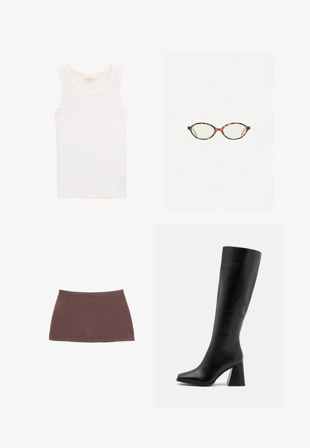 Grau melierter Wollmischung Doppeltbreasted-Mantel mit einer Reverskragen, seitlichen Taschen und einem glatten Innenfutter. Verfügt über schwarze Knöpfe.; Weißes ärmelloses Tanktop aus weichem Stoff. Verfügt über einen runden Ausschnitt und eine schlanke Silhouette, ohne sichtbare Muster oder Akzente.; Braßer, baumwollener Minirock mit geradem Schnitt, glatter Textur und elastischem Bund. Verfügt über ein einfaches Design ohne Muster oder Beschläge.; Schwarze kniehohe Stiefel aus glattem Leder mit quadrater Spitze und einem klobigen, strukturierten Absatz. Einfaches und klassisches Design.; Schildpatt-Eyegläser mit ovalen Gläsern und einer eleganten, glatten Oberfläche. Mit dünnen Seiten und einer subtilen Kurve an den Schläfen. Klare Gläser.; Pieces PCALUANA SHOULDER BAG - Handtasche - black