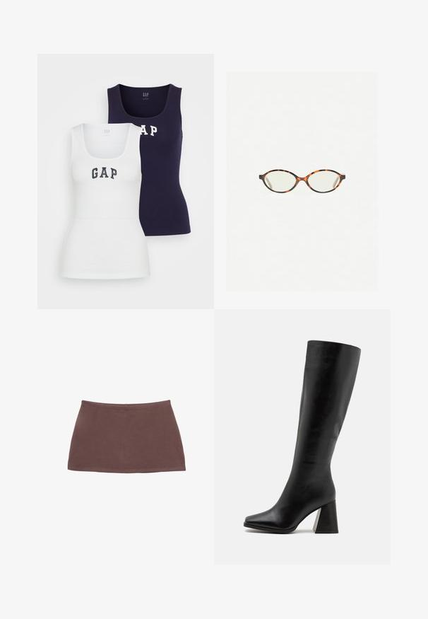 Grau melierter Wollmischung Doppeltbreasted-Mantel mit einer Reverskragen, seitlichen Taschen und einem glatten Innenfutter. Verfügt über schwarze Knöpfe.; Zwei Trägershirts in Weiß und Marineblau mit gerippter Textur, Rundhalsausschnitt und dem Wort "GAP", das in kontrastierenden Farben auf der Vorderseite aufgedruckt ist.; Braßer, baumwollener Minirock mit geradem Schnitt, glatter Textur und elastischem Bund. Verfügt über ein einfaches Design ohne Muster oder Beschläge.; Schwarze kniehohe Stiefel aus glattem Leder mit quadrater Spitze und einem klobigen, strukturierten Absatz. Einfaches und klassisches Design.; Schildpatt-Eyegläser mit ovalen Gläsern und einer eleganten, glatten Oberfläche. Mit dünnen Seiten und einer subtilen Kurve an den Schläfen. Klare Gläser.; Pieces PCALUANA SHOULDER BAG - Handtasche - black