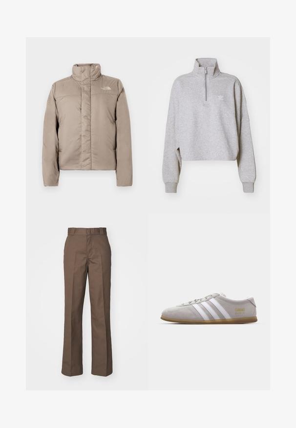 Kergedjak heleda beeži värviga, kõrge kraega, tikandiga disainiga ja logosildiga vasakul rinnal. Sile tekstuur ja eesmine lukuga sulgemine.; Halli kraanikaelusega hall lühike sviiter, millel on pool tõmblukk ja laiad varrukad. Rinnal on väike valge logo. Valmistatud pehmest kangast.; Pruunid puuvillased püksid, sirge lõikega, millel on lame eesmine osa ja vöökoha aasadega. Sile tekstuur, ilma nähtavate mustrite või aktsentideta.; Hall värvi suede tossud valgete nahkraitsete ja kuldse logo detailiga. Üksikasjalik kummikummist talla, ümar nina ja klassikaline paeltega sulgemise disain.