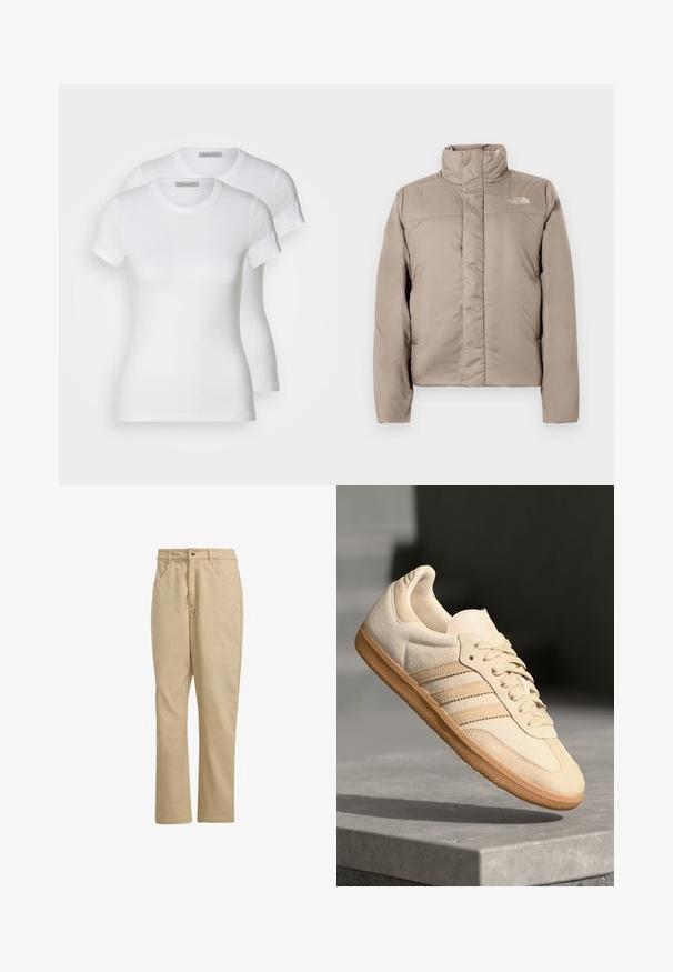 Jakna na napuhavanje u svijetlo bež boji s visokim ovratnikom, kvadratičnim dizajnom i logotipom na gornjem lijevom prsnom dijelu. Glatka tekstura i zatvaranje na prednjem dijelu s patentnim zatvaračem.; Dvije bijele pamučne majice kratkih rukava, s okruglim izrezima i uskim krojem, s glatkom teksturom i minimalističkim dizajnom.; Khaki pamučne hlače ravnog kroja s prednjim kopčanjem na gumb, dva bočna džepa i minimalnim brendiranjem sprijeda.; Svijetlosmeđi nubuk tenisice s gumenim potplatom, tri dijagonalne pruge i teksturirani vrh. Sadrži logo na jeziku i bočnoj strani.