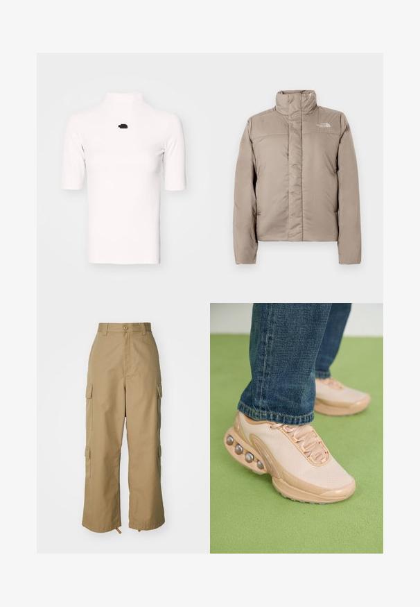 Geacă puffer de culoare bej deschis, cu guler înalt, design matlasat și logo în partea stângă sus a pieptului. Textură netedă și închidere cu fermoar în față.; Tricou alb cu guler înalt, cu mâneci scurte și un accent cu logo negru pe piept. Are un design mulat și o textură netedă.; Pantaloni cargo bej cu talie înaltă, picioare largi și patru buzunare laterale mari. Realizați dintr-un material durabil, cu o textură netedă și detalii minimale.; Pantofii sport de culoare bej deschis au un superior din plasă, talpă din cauciuc și accente rotunjite cu detalii metalice. Purtați cu blugi albaștri pe o suprafață verde.