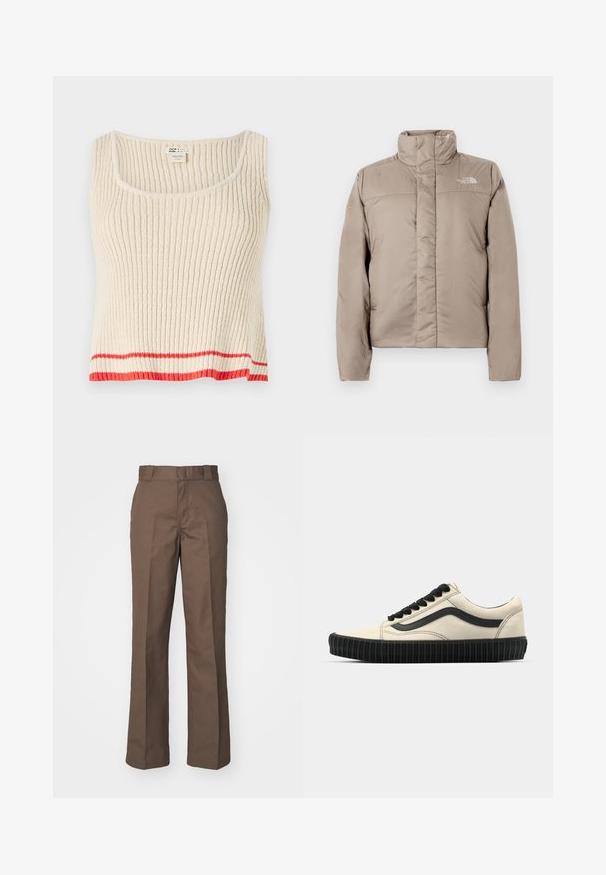 Giacca a vento in beige chiaro con colletto alto, design trapuntato e logo sul lato sinistro del petto. Tessuto morbido e chiusura con zip frontale.; Canottiera a coste di colore crema con scollo a barchetta e una striscia orizzontale rossa sull'orlo. Tessuto morbido e testurizzato con una vestibilità rilassata.; Pantaloni in cotone marrone con design a gamba dritta, caratterizzati da una parte frontale piatta e passanti per la cintura. Texture liscia, senza motivi o accenti visibili.; Sneakers in tela beige con suola in gomma nera, lacci neri e dettaglio a striscia laterale. Superficie testurizzata con un design slanciato.