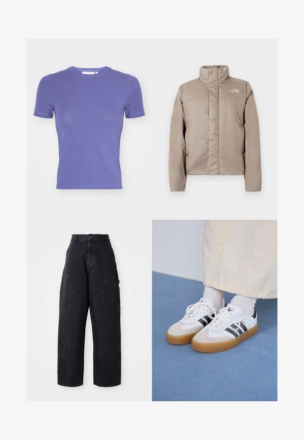 Puffersjakke i lys beige med høj krave, quiltet design og logo på venstre øverste bryst. Glat tekstur og lynlås foran.; Weekday SLIM FITTED - T-shirts basic - purple; Sorte denim cargo bukser med vidde og høj talje, to store forlommer og knaplukning i taljen. Glat tekstur, casual design.; Hvide sneakers med sorte striber og beige ruskindsdetaljer. Har en tekstureret gummisål og flade hvide snørebånd, båret med lyse sokker.