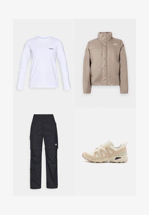 Puffer jacket in light beige with a high collar, quilted design, and logo on the upper left chest. Smooth texture and front zip closure.; Long-sleeve white cotton t-shirt with a round neck and black "patagonia" logo on the left chest. Smooth texture, classic fit.; Black nylon zip-off cargo trousers with adjustable cuffs, multiple pockets, and a logo on the right leg. Smooth, lightweight texture.; Beige and cream athletic shoe with textured mesh upper, supportive overlays, and rubber outsole featuring a tread pattern for traction.