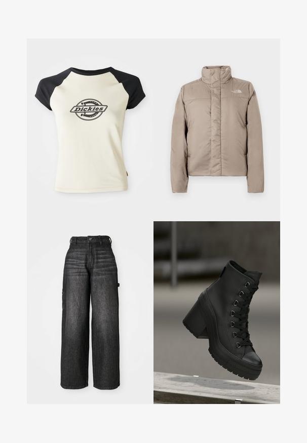Puffjakke i lys beige med høy krage, quiltet design og logo på øverste venstre bryst. Glatt tekstur og frontlås.; Krem T-skjorte med svarte raglanermer, med en sirkulær logo med teksten "Dickies" i midten, på en hvit bakgrunn.; Bredde ben cargo jeans i mørk denim. Har høy midje, to sidelommer og en subtil utvasket tekstur. Slitesterkt stoff og skreddersydd passform.; Sorte høyhælte plattformstøvler i svart med teksturert lærfinish, snøring foran og chunky hæl. Har en gummisåle med distinkte mønstre.