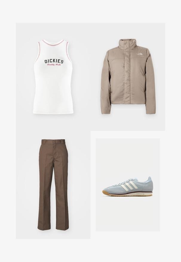 Kergedjak heleda beeži värviga, kõrge kraega, tikandiga disainiga ja logosildiga vasakul rinnal. Sile tekstuur ja eesmine lukuga sulgemine.; Valge ilma varrukateta T-särk punase ja musta "DICKIES Quality Made" tekstiga. Omab kontrastset punast õmblust ja klassikalist lõiget.; Pruunid puuvillased püksid, sirge lõikega, millel on lame eesmine osa ja vöökoha aasadega. Sile tekstuur, ilma nähtavate mustrite või aktsentideta.; Heledad sinine sametist tennis, millel on valged kolm triipu, kummitald ja tekstureeritud sisu. Tooteomadused hõlmavad sujuvat varbakatet ja brändingut kontsapooles.