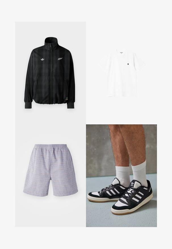Sortternet zip-up jakke med høj krave, har hvide broderede logoer, elastiske cuffs og kant, lavet af glat, let materiale.; Hvid bomulds t-shirt med korte ærmer, rund hals og et lille sort logo på venstre bryst. Blød tekstur og standard pasform.; Lyseblå stribede shorts med elastisk talje, lavet af et blødt stof. Har sidelommer og en afslappet pasform, ideel til afslappet brug.; Sorte og hvide sneakers med en overdel i ruskind og læder, der har tre hvide striber, en perforeret tå og en sål i gummigummi.
