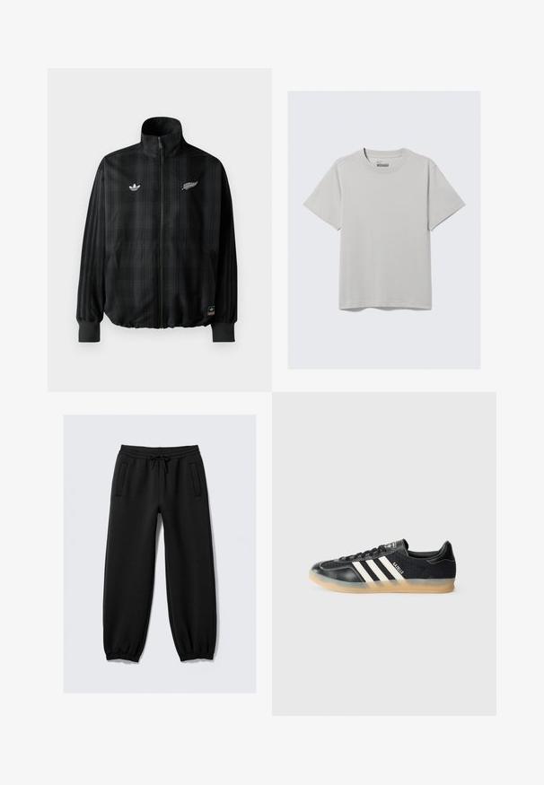 Black plaid zip-up jacket with high collar, features white embroidered logos, elastic cuffs and hem, made from smooth, lightweight material.; Light gray cotton T-shirt with a crew neckline and short sleeves, featuring a minimalist design and a relaxed fit. No patterns or accents.; Black sweatpants with a drawstring waist, elastic cuffs, and two side pockets. Made from soft material with a smooth texture.; Black athletic sneaker with white stripes, textured fabric, smooth leather toe, and a gum rubber sole. Features logo on tongue.