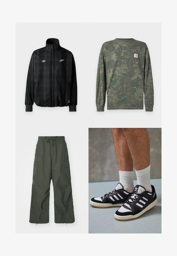 Svart rutigt zip-parka med hög krage, med vita broderade logotyper, elastiska ärmslut och fåll, tillverkad av ett mjukt och lätt material.; Långärmad kamouflageskjorta i gröna och bruna toner med en liten fyrkantig Carhartt-logotyp på vänster bröst.; Obey Clothing DEVON GIANT PANT - Cargobyxor - chimera; Svartvita sneakers med ovandel i mocka och läder, med tre vita ränder, perforerad tå och sula av gummigummi.