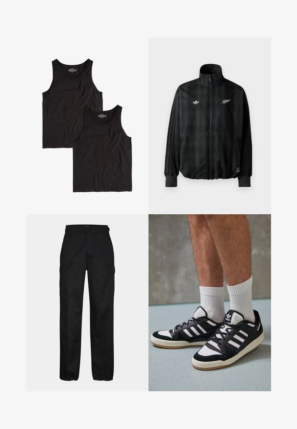 Black plaid zip-up jacket with high collar, features white embroidered logos, elastic cuffs and hem, made from smooth, lightweight material.; Two black tank tops made of cotton, featuring a simple rounded neckline and sleeveless design, laid flat with smooth texture.; Black cargo trousers with a straight fit, featuring side pockets, a button closure, and elastic cuffs at the ankles. Made from durable fabric.; Black and white sneakers with a suede and leather upper, featuring three white stripes, a perforated toe, and a gum rubber sole.