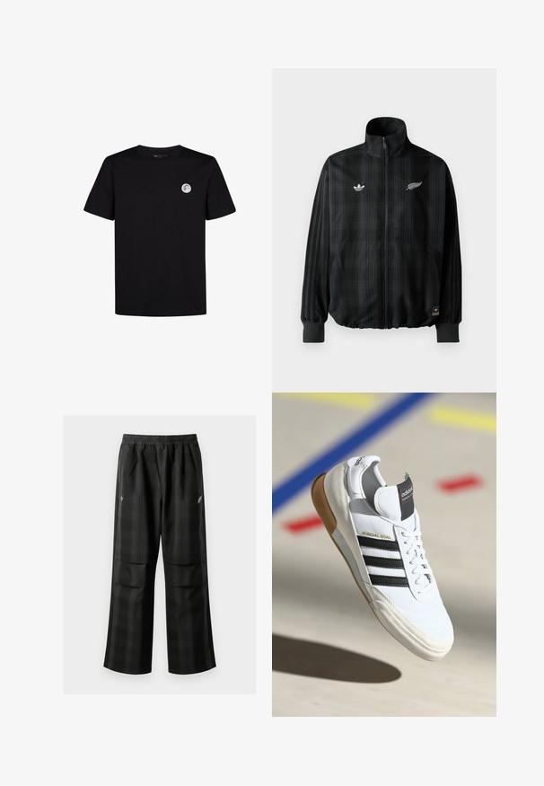 Črna karirana zadrga jakna z visokim ovratnikom, krasi jo bele vezenine logotipov, elastični manšeti in rob, izdelana iz gladkega, lahkega materiala.; Črn bombažni T-maica s kratkimi rokavi in okroglo izrezom. Ima majhen krožni logo na levem delu prsnega koša. Preprost dizajn.; Črne karirane hlače z elastičnim pasom, dvema sprednjima žepoma in ohlapnim krojem s pravimi nogavicami. Narejene so iz lahke tkanine.; Beli Adidas Mundial Goal športni copat z črnimi črtami in gumijastim podplatom, prikazan v zraku nad športnim igriščem z barvnimi črtami.
