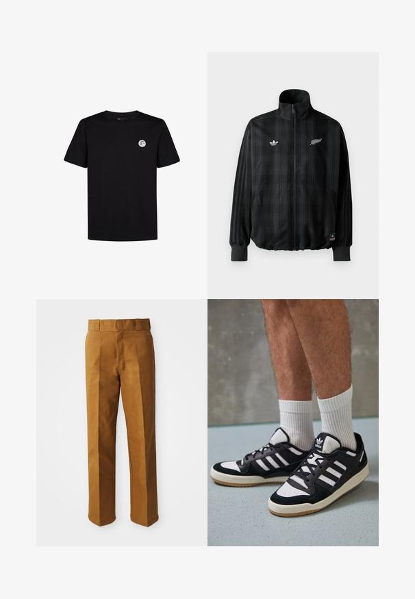 Črna karirana zadrga jakna z visokim ovratnikom, krasi jo bele vezenine logotipov, elastični manšeti in rob, izdelana iz gladkega, lahkega materiala.; Črn bombažni T-maica s kratkimi rokavi in okroglo izrezom. Ima majhen krožni logo na levem delu prsnega koša. Preprost dizajn.; Rjave, krojene hlače z gladko teksturo, z naravnim krojem nogavic, naborki na sprednji strani in standardnim pasom.; Črno-bele superge z zgornjim delom iz usnja in nubuka, ki imajo tri bele črte, perforiran vrh prstov in podplat iz gume.
