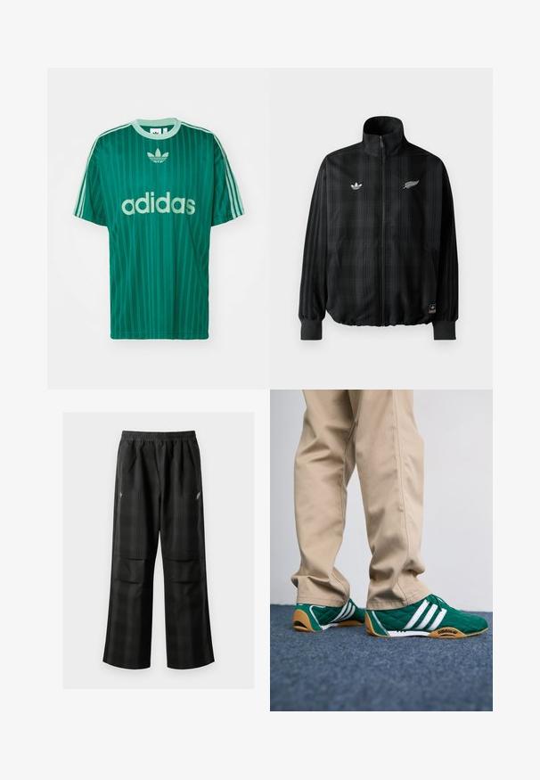 Chaqueta negra de cuadros con cierre lateral y alto cuello, presenta logotipos bordados en blanco, puños y dobladillo elásticos, hecha de un material suave y ligero.; Camiseta de Adidas a rayas verdes con cuello redondo. Presenta un gran logo blanco de "adidas" y tres rayas blancas en cada hombro.; Pantalones de cuadros negros con cintura elástica, dos bolsillos frontales y un ajuste holgado con diseño de pierna recta. Fabricados en material ligero.; Zapatillas de deporte verdes acolchadas con rayas blancas y suelas de goma marrón, combinadas con pantalones beige. El diseño presenta un perfil bajo y material texturizado.