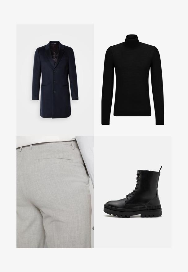 Tumes sinise villase segu mantli, millel on kratiga krae, ühekohaline nööp, kaks esikotti ja siidine vooder.; Musthave muströid ja pehmest materjalist must turtleneck, millel on pikad varrukad ja tihe istuvus. Ribaga ääris allservas ja vöökohal. Lihtne disain.; Heledat hallid kohandatud püksid tekstuurse kangaga, millel on üks tagatasku ja puhas õmblus.; Mustad mustad nahast pahkluu saapad, ümmarguse varbaga, nöörimise esiosaga ja paksu kummitaldaga, millel on soonilised aktsendid.