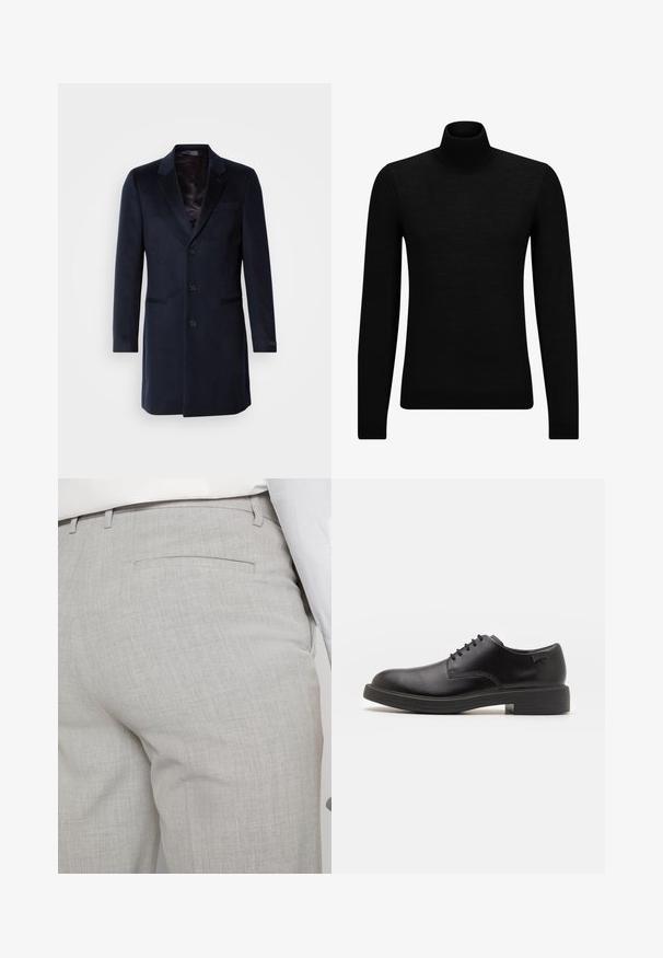 Navy wool blend overcoat featuring a notched collar, single-button closure, two front pockets, and a silky inner lining.; Black turtleneck sweater made of soft material, featuring long sleeves and a snug fit. Ribbed trim at the hem and cuffs. Simple design.; Light gray tailored trousers made of textured fabric, featuring a single back pocket and clean stitching.; Black leather lace-up shoe with a rounded toe, smooth texture, minimal stitching, and a low rubber heel. Logo on the heel.