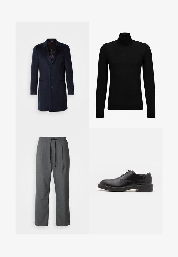 Cappotto in misto lana blu navy con colletto a revers, chiusura con bottone singolo, due tasche frontali e fodera interna seta.; Maglione a collo alto nero realizzato in materiale morbido, con maniche lunghe e vestibilità aderente. Bordo a coste all'orlo e ai polsini. Design semplice.; Pantaloni di tessuto grigio intrecciato con vita elastica, cordino esterno, tasche laterali e vestibilità comoda. Design minimalista con linee pulite.; Scarpa nera in pelle con lacci, punta tonda, texture liscia, cuciture minime e tacco in gomma basso. Logo sul tacco.