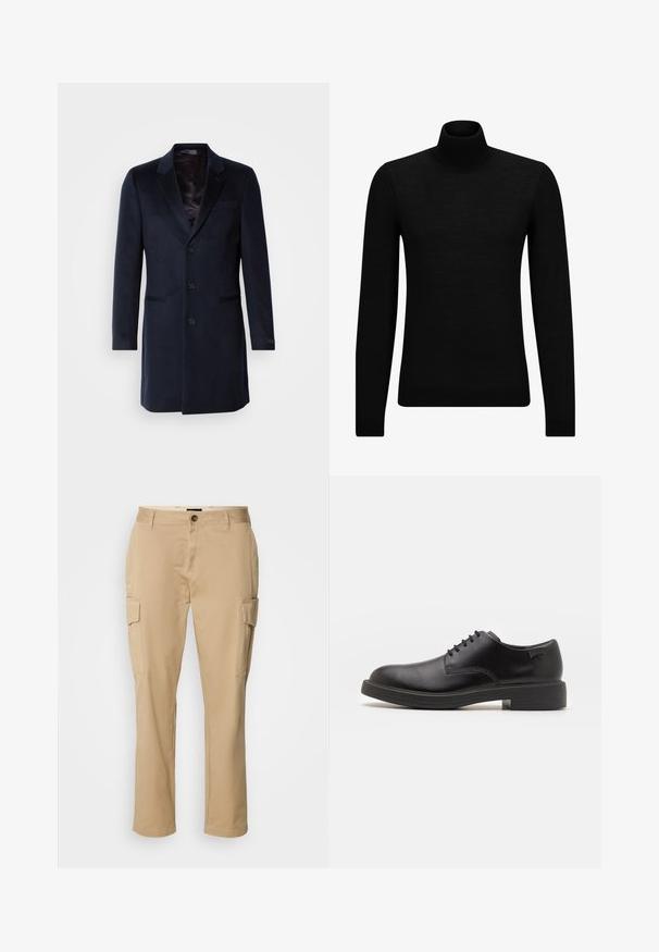 Navy wool blend overcoat featuring a notched collar, single-button closure, two front pockets, and a silky inner lining.; Black turtleneck sweater made of soft material, featuring long sleeves and a snug fit. Ribbed trim at the hem and cuffs. Simple design.; Beige cargo pants made of cotton. Features two side pockets, a button closure, and a straight-leg design. Smooth texture, casual style.; Black leather lace-up shoe with a rounded toe, smooth texture, minimal stitching, and a low rubber heel. Logo on the heel.