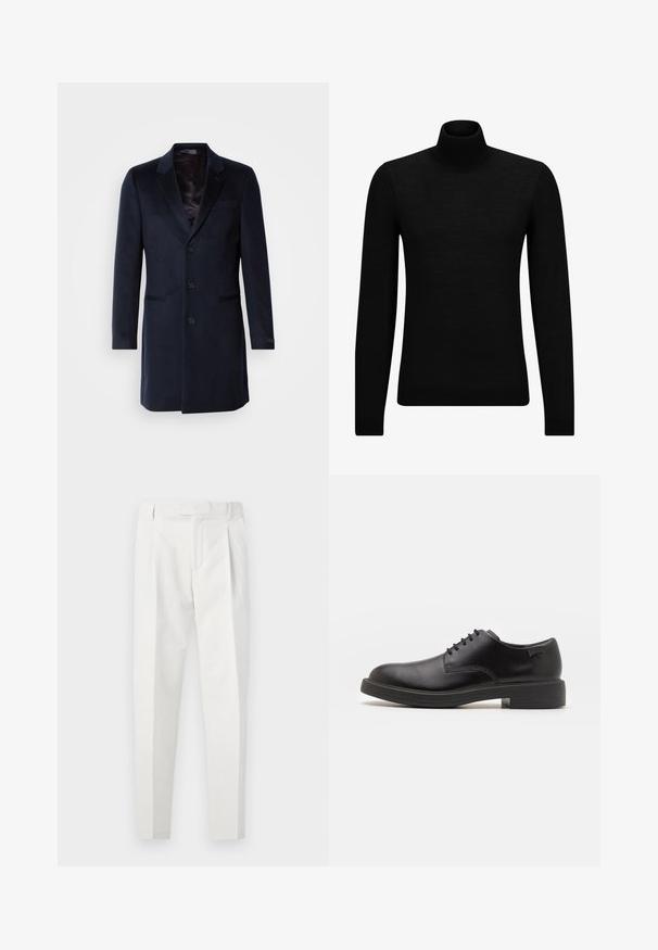 Tengerészkék gyapjú keverék overál, amely kihajtható gallérral, egysoros gombolással, két elülső zsebbel és selymes béléssel rendelkezik.; Fekete garbó pulóver puha anyagból, hosszú ujjakkal és szoros fazonnal. Ribbed díszítés az alján és az ujjak végén. Egyszerű dizájn.; Fehér nadrág texturált befejezéssel, lapos elejű, redőkkel, karcsúsított fazonnal és sima derékkal.; Fekete bőrcipő, kerek orrú, sima felületű, minimális varrással és alacsony gumitalppal. Logó a sarokrészen.