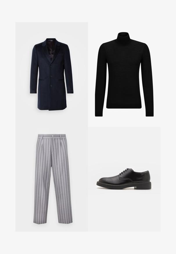Tengerészkék gyapjú keverék overál, amely kihajtható gallérral, egysoros gombolással, két elülső zsebbel és selymes béléssel rendelkezik.; Fekete garbó pulóver puha anyagból, hosszú ujjakkal és szoros fazonnal. Ribbed díszítés az alján és az ujjak végén. Egyszerű dizájn.; Szürke csíkozású nadrág, szabott kivitelben, gombos záródással, pliszírozással és egyenes szárú szabással. Az anyag sima textúrával rendelkezik.; Fekete bőrcipő, kerek orrú, sima felületű, minimális varrással és alacsony gumitalppal. Logó a sarokrészen.