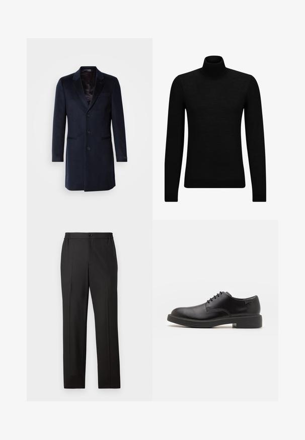 Navy wool blend overcoat featuring a notched collar, single-button closure, two front pockets, and a silky inner lining.; Black turtleneck sweater made of soft material, featuring long sleeves and a snug fit. Ribbed trim at the hem and cuffs. Simple design.; Black trousers featuring a straight-leg design, elastic waistband with a button closure, flat front, and smooth fabric texture.; Black leather lace-up shoe with a rounded toe, smooth texture, minimal stitching, and a low rubber heel. Logo on the heel.